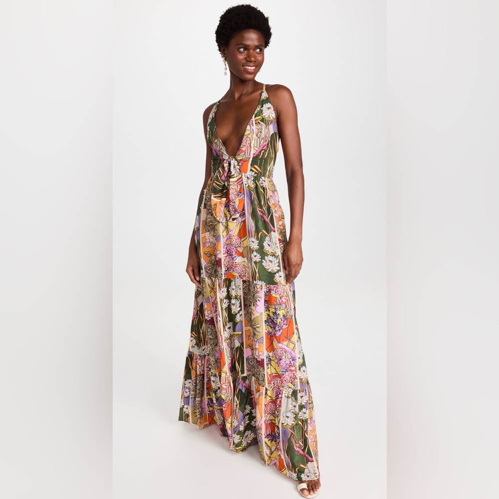 Agua Bendita Green and Orange Floral Maxi Dress